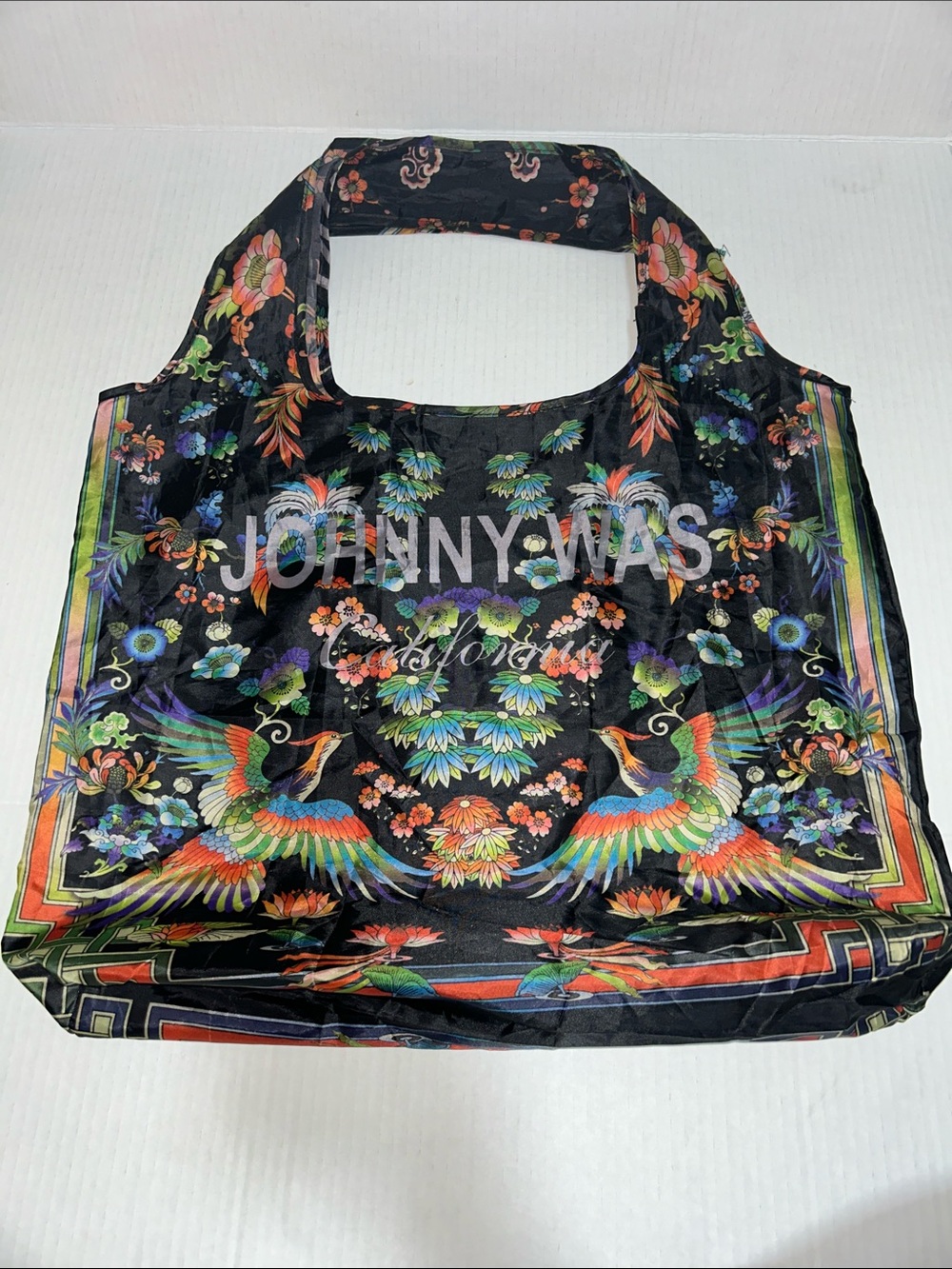 Johnny Was Black Floral Reusable Packable Tote Bag
